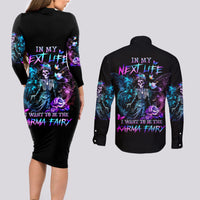 Dia De Los Muertos Skull Couples Matching Long Sleeve Bodycon Dress and Long Sleeve Button Shirts My Next Life I Want To Be Karma Fairy - Wonder Print Shop