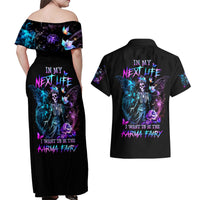 Dia De Los Muertos Skull Couples Matching Off Shoulder Maxi Dress and Hawaiian Shirt My Next Life I Want To Be Karma Fairy - Wonder Print Shop