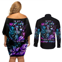 Dia De Los Muertos Skull Couples Matching Off Shoulder Short Dress and Long Sleeve Button Shirts My Next Life I Want To Be Karma Fairy - Wonder Print Shop