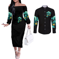 Witch Skull Couples Matching Off The Shoulder Long Sleeve Dress and Long Sleeve Button Shirts Into Darkness To Lose Our Mind And Find Our Souls DT01