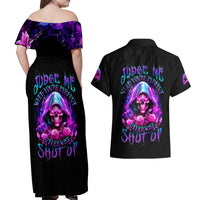 Fire Skull Couples Matching Off Shoulder Maxi Dress and Hawaiian Shirt Judge Me When You're Perfect Otherwise Shut Up - Wonder Print Shop
