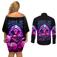 Fire Skull Couples Matching Off Shoulder Short Dress and Long Sleeve Button Shirts Judge Me When You're Perfect Otherwise Shut Up - Wonder Print Shop