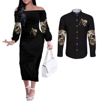 Axe Skull Couples Matching Off The Shoulder Long Sleeve Dress and Long Sleeve Button Shirts Let's Bury The Hatchet DT01