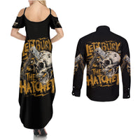 Black off-shoulder maxi dress and long-sleeve button shirt with skull graphic