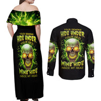 Thunder Skull Couples Matching Off Shoulder Maxi Dress and Long Sleeve Button Shirts My Demon Hide Inside My Head - Wonder Print Shop