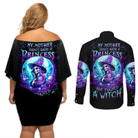 Witch Skull Couples Matching Off Shoulder Short Dress and Long Sleeve Button Shirts My Mother Didn't Raise A Princess She Trained A Witch - Wonder Print Shop