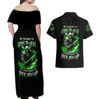Warrior Skull Couples Matching Off Shoulder Maxi Dress and Hawaiian Shirt Of Course I'm Going To Hell Just Pick You Up - Wonder Print Shop