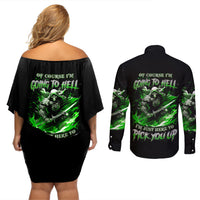 Warrior Skull Couples Matching Off Shoulder Short Dress and Long Sleeve Button Shirts Of Course I'm Going To Hell Just Pick You Up - Wonder Print Shop
