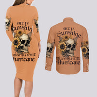 Sunflower Skull Couples Matching Long Sleeve Bodycon Dress and Long Sleeve Button Shirts She Is Sunshine Mixed With A Little Hurricance - Wonder Print Shop