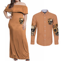 Sunflower Skull Couples Matching Off Shoulder Maxi Dress and Long Sleeve Button Shirts She Is Sunshine Mixed With A Little Hurricance - Wonder Print Shop