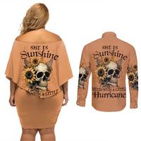 Sunflower Skull Couples Matching Off Shoulder Short Dress and Long Sleeve Button Shirts She Is Sunshine Mixed With A Little Hurricance - Wonder Print Shop