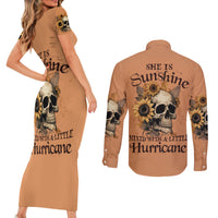 Sunflower Skull Couples Matching Short Sleeve Bodycon Dress and Long Sleeve Button Shirts She Is Sunshine Mixed With A Little Hurricance - Wonder Print Shop
