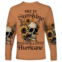 Sunflower Skull Long Sleeve Shirt She Is Sunshine Mixed With A Little Hurricance - Wonder Print Shop