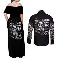 Three Skull Couples Matching Off Shoulder Maxi Dress and Long Sleeve Button Shirts Stuck Between Idk Idc And Idgaf - Wonder Print Shop