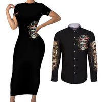 Wire Skull Couples Matching Short Sleeve Bodycon Dress and Long Sleeve Button Shirts Stuck Between Idk Idc And Idgaf - Wonder Print Shop
