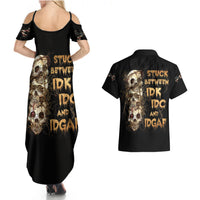 Wire Skull Couples Matching Summer Maxi Dress and Hawaiian Shirt Stuck Between Idk Idc And Idgaf - Wonder Print Shop