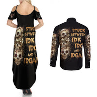 Wire Skull Couples Matching Summer Maxi Dress and Long Sleeve Button Shirts Stuck Between Idk Idc And Idgaf - Wonder Print Shop