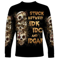 Wire Skull Long Sleeve Shirt Stuck Between Idk Idc And Idgaf - Wonder Print Shop