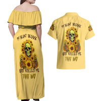 Sunflower Skull Couples Matching Off Shoulder Maxi Dress and Hawaiian Shirt I'm Blunt Because God Rolled Me That Way - Wonder Print Shop