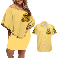 Sunflower Skull Couples Matching Off Shoulder Short Dress and Hawaiian Shirt I'm Blunt Because God Rolled Me That Way - Wonder Print Shop