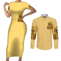 Sunflower Skull Couples Matching Short Sleeve Bodycon Dress and Long Sleeve Button Shirts I'm Blunt Because God Rolled Me That Way - Wonder Print Shop