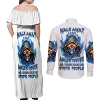 Death Skull Couples Matching Off Shoulder Maxi Dress and Long Sleeve Button Shirts Walk Away I Have Anger Issues And Dislike For Stupod People - Wonder Print Shop