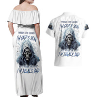 Death Skull Couples Matching Off Shoulder Maxi Dress and Hawaiian Shirt When I'm Good I God's Son But When I'm Bad I'm Devil's Dad - Wonder Print Shop