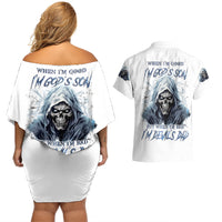 Death Skull Couples Matching Off Shoulder Short Dress and Hawaiian Shirt When I'm Good I God's Son But When I'm Bad I'm Devil's Dad - Wonder Print Shop