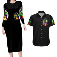 Pumpkin Witch Skull Couples Matching Long Sleeve Bodycon Dress and Hawaiian Shirt Witches Be Trippin - Wonder Print Shop
