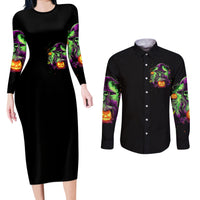 Pumpkin Witch Skull Couples Matching Long Sleeve Bodycon Dress and Long Sleeve Button Shirts Witches Be Trippin - Wonder Print Shop