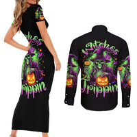 Pumpkin Witch Skull Couples Matching Short Sleeve Bodycon Dress and Long Sleeve Button Shirts Witches Be Trippin - Wonder Print Shop