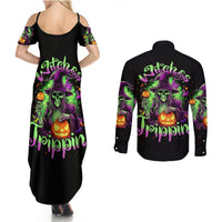 Pumpkin Witch Skull Couples Matching Summer Maxi Dress and Long Sleeve Button Shirts Witches Be Trippin - Wonder Print Shop