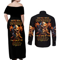 Fire Gun Skull Couples Matching Off Shoulder Maxi Dress and Long Sleeve Button Shirts Your First Mistake Was Thinking I Was One Of The Sheep - Wonder Print Shop