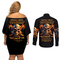 Fire Gun Skull Couples Matching Off Shoulder Short Dress and Long Sleeve Button Shirts Your First Mistake Was Thinking I Was One Of The Sheep - Wonder Print Shop