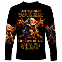 Fire Gun Skull Long Sleeve Shirt Your First Mistake Was Thinking I Was One Of The Sheep - Wonder Print Shop