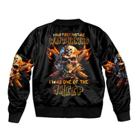 Fire Gun Skull Sleeve Zip Bomber Jacket Your First Mistake Was Thinking I Was One Of The Sheep - Wonder Print Shop