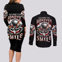 Satan Skull Couples Matching Long Sleeve Bodycon Dress and Long Sleeve Button Shirts Become The Monster And Show Your True Smile - Wonder Print Shop