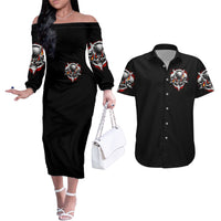 Satan Skull Couples Matching Off The Shoulder Long Sleeve Dress and Hawaiian Shirt Become The Monster And Show Your True Smile - Wonder Print Shop