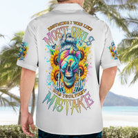 Light gray Hawaiian shirt with colorful skull girl graphic on the back