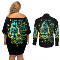 Flame Skull Couples Matching Off Shoulder Short Dress and Long Sleeve Button Shirt The Good Girl In Me Got Tired Of The Bullshit - Wonder Print Shop