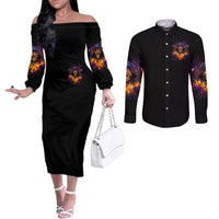 Flame Skull Couples Matching Off The Shoulder Long Sleeve Dress and Long Sleeve Button Shirt I Talk I Smite But Be Careful When I Silent