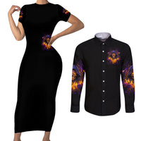 Flame Skull Couples Matching Short Sleeve Bodycon Dress and Long Sleeve Button Shirt I Talk I Smite But Be Careful When I Silent - Wonder Print Shop