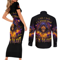 Flame Skull Couples Matching Short Sleeve Bodycon Dress and Long Sleeve Button Shirt I Talk I Smite But Be Careful When I Silent - Wonder Print Shop