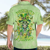 Green Hawaiian shirt on model back, skull graphic with butterflies and clover