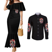 Rose Skull Couples Matching Mermaid Dress and Long Sleeve Button Shirt Like Me Or Not I Don't Give A Flying Fuck