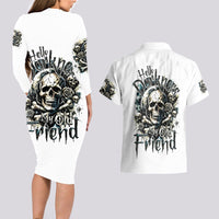 Black Skull Couples Matching Long Sleeve Bodycon Dress and Hawaiian Shirt Hello Darkness My Old Friend - Wonder Print Shop