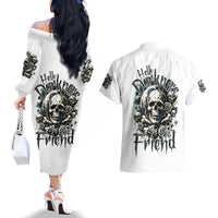 Black Skull Couples Matching Off The Shoulder Long Sleeve Dress and Hawaiian Shirt Hello Darkness My Old Friend - Wonder Print Shop