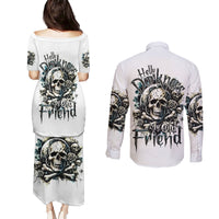 Black Skull Couples Matching Puletasi and Long Sleeve Button Shirt Hello Darkness My Old Friend - Wonder Print Shop
