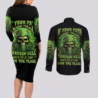 Viking Skull Couples Matching Long Sleeve Bodycon Dress and Long Sleeve Button Shirt If Your Path Demnads You Walk Through Hell Walk As If You Own The Place - Wonder Print Shop