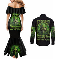 Viking Skull Couples Matching Mermaid Dress and Long Sleeve Button Shirt If Your Path Demnads You Walk Through Hell Walk As If You Own The Place